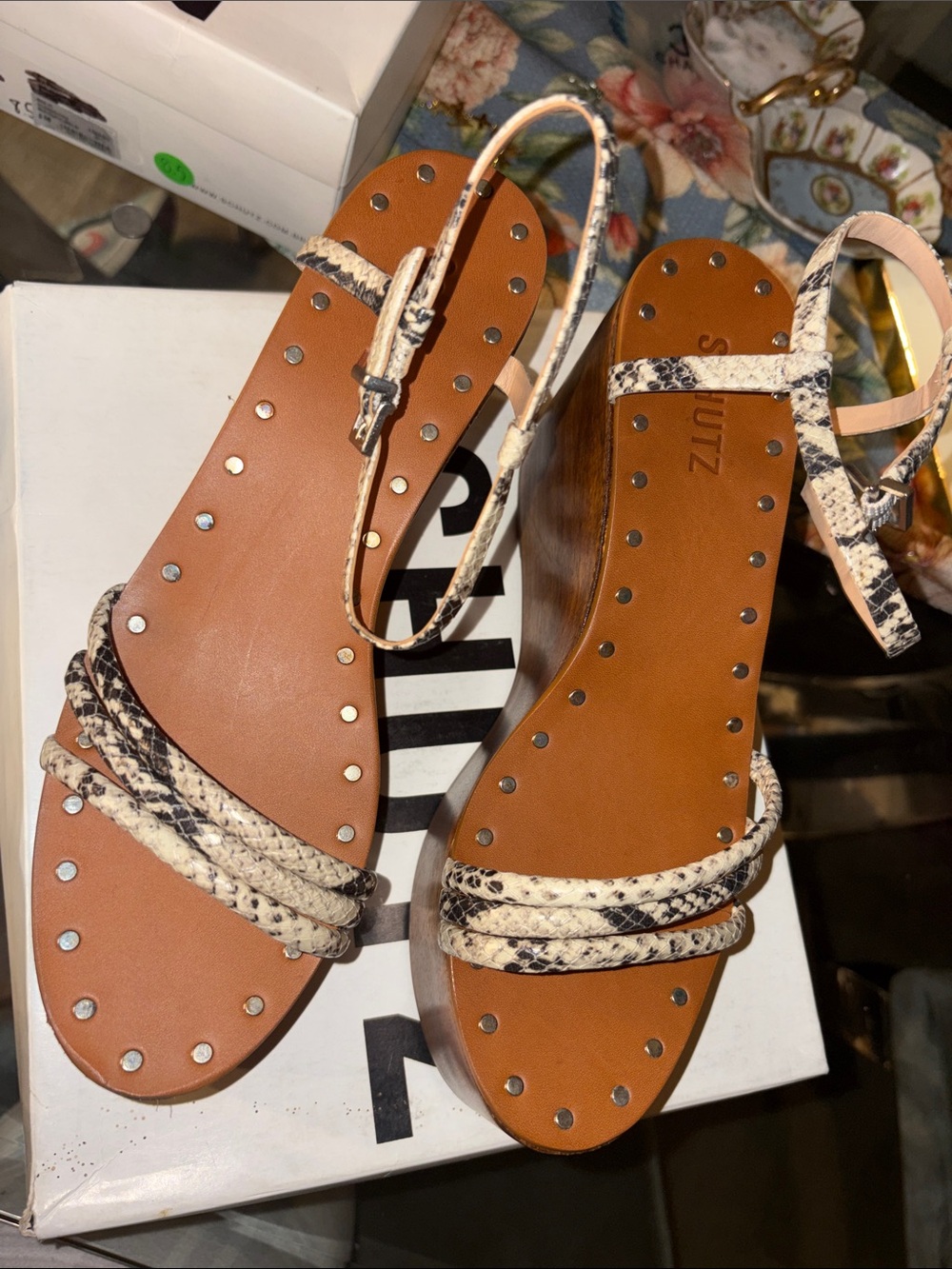 SCHUTZ Tan Leather Wedge Sandals with Snake-Print Straps #88